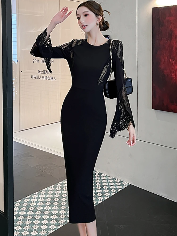 2025 Black Patchwork Lace Long Sleeve Maxi Dress Women Vintage Hepburn Prom Clothes Autumn Winter Korean Elegant Luxury Vestidos