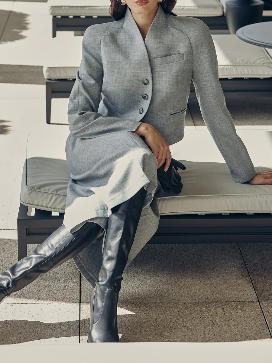 TWOTWINSTYLE High End Gray Two Piece Set for Women Stand Collar Long Sleeve Short Top High Waist Midi Skirt Office Suit Female