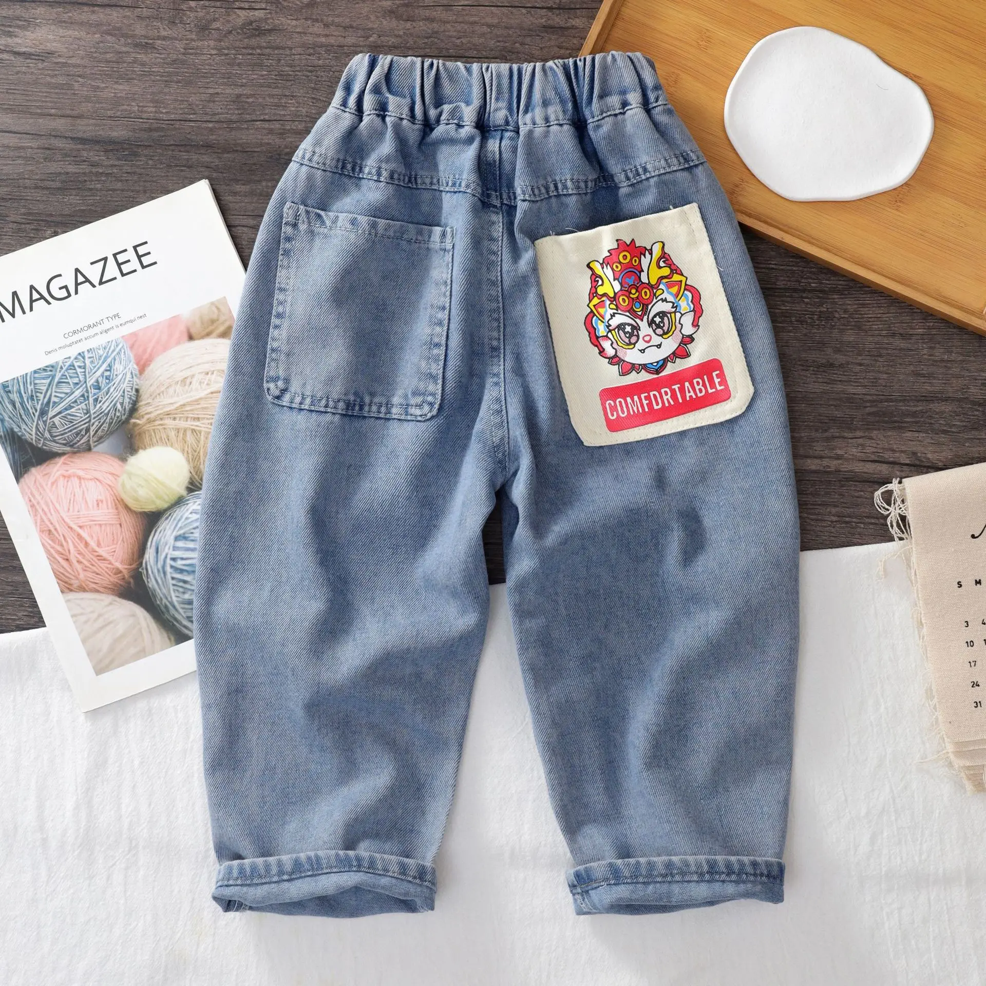 New Kid Boys Denim Pants Spring Autumn Elastic Waist Cartoon Sticker Pockets Children Boys Jeans Loose Casual Baby Boys Trousers