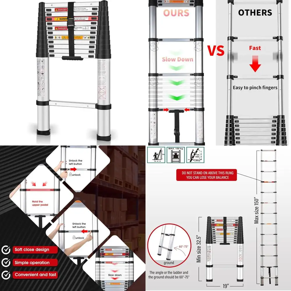 سلم تمديد تلسكوبي من الألومنيوم بطول 12.5 قدم - تصميم إغلاق ناعم للاستخدام المنزلي والمتعدد الأغراض