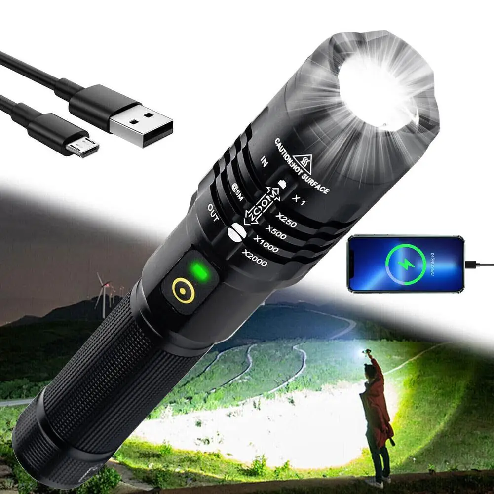 99000lm Led Tactical Flashlight Portable Lighting Super Bright Zoomable Work Light Hand Lantern for Adventure Caving Camping