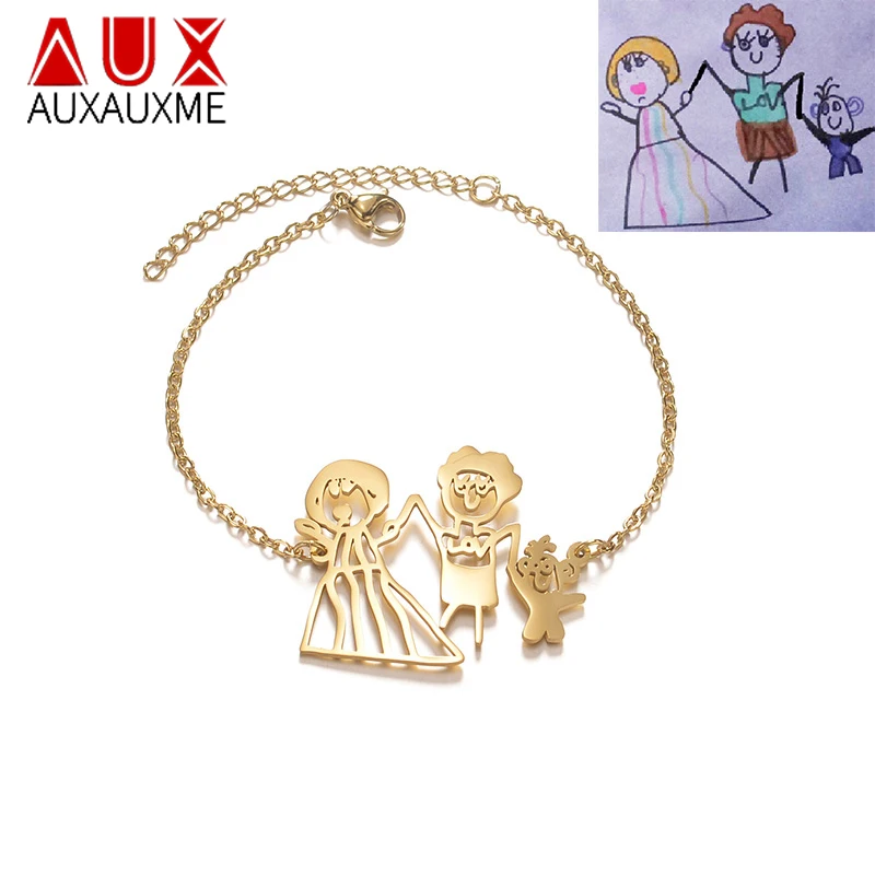 Auxauxme Customized Children's Drawing Necklace Kid's Art Personalized Bracelets Stainless Steel Custom Design Name LOGO Gifts