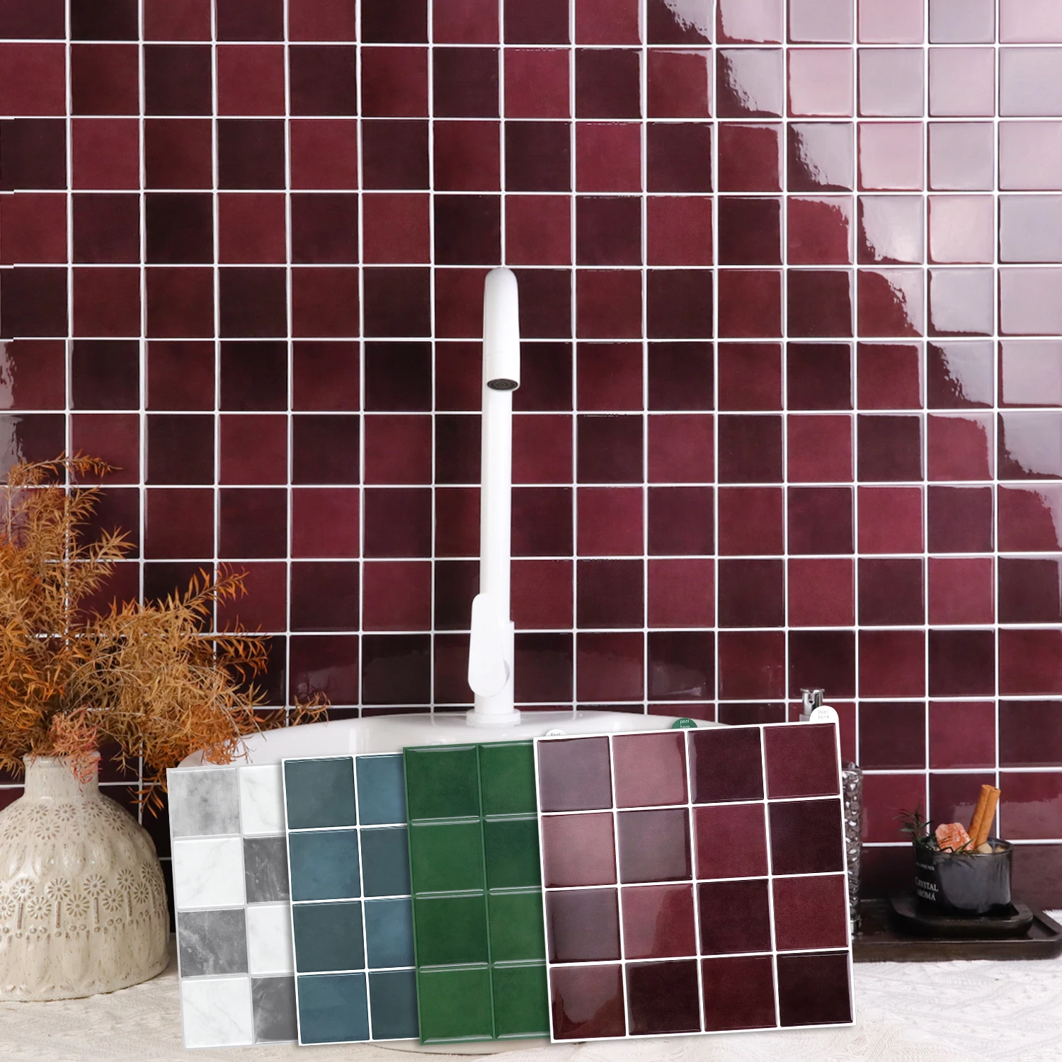 10pcs 3D Square Wall Tiles Self Adhesive Wall Sticker Kitchen Backsplash Waterproof Vinyl Wallpaper for Home Decoration