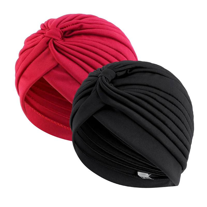 2pcs/lot Stretch Turbans Head Beanie Cover Twisted Pleated Headwrap Assorted Colors Hair Cover Beanie Hats for Women Girls