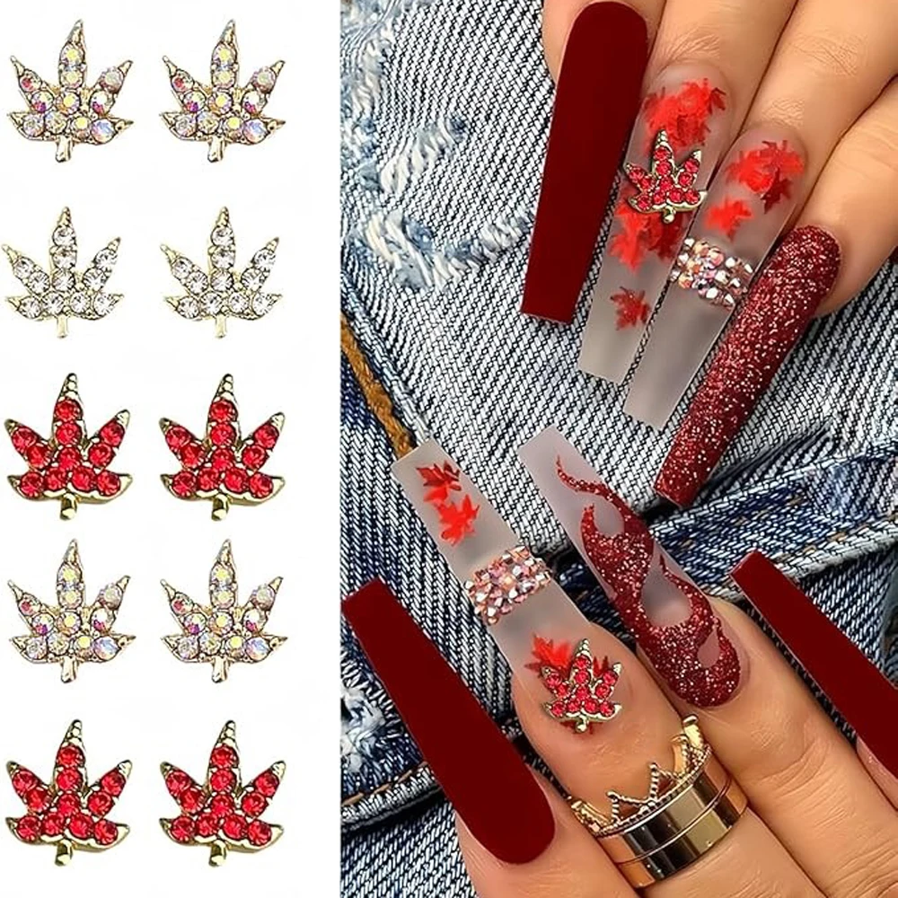 10pcs Maple Leaves Nail Art Charm 3D Gold/Silver Weed Leaves Inlaid Diamond Nail Decoration DIY Luxury Manicure Accessories