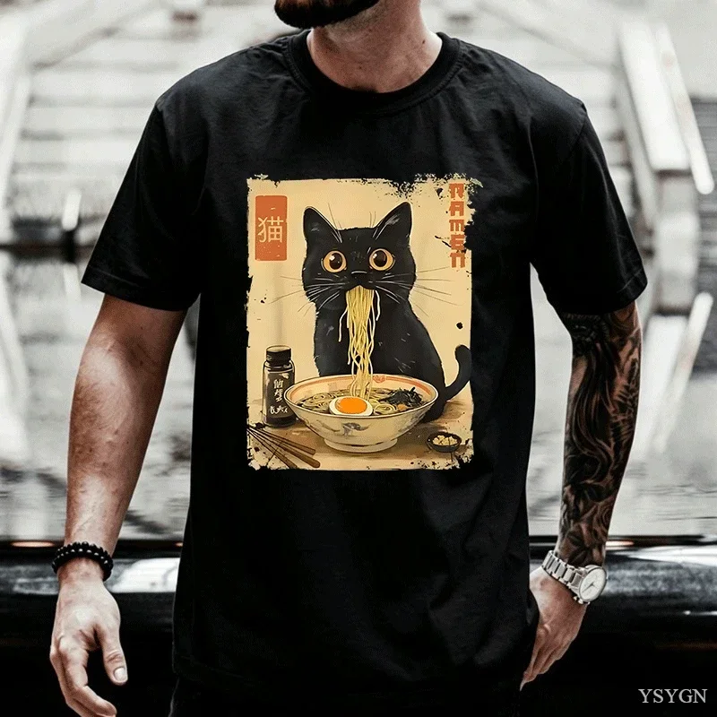 Cute Anime Ramen Cat T-Shirt Man Women - Novel Round Neck Short Sleeve T-Shirt Gift Clothing Graphic T Shirts Summer Streetwear