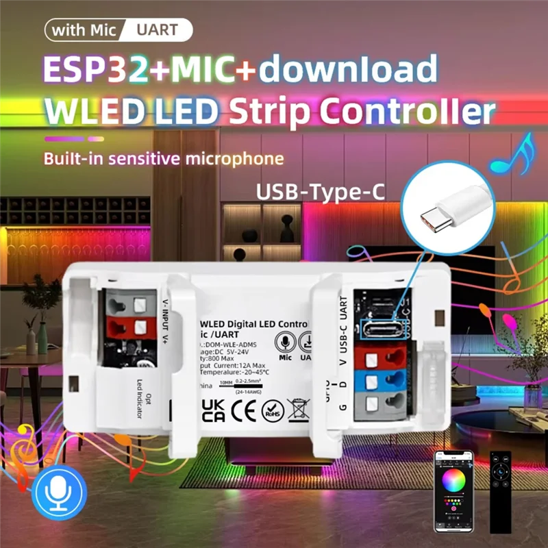 AT19-ESP32 WLED Wifi Enabled Smart For LED Controller 5-24V RGB Strip Controller OTA Update Max 800 Ics GPIO16 Output For LED Li