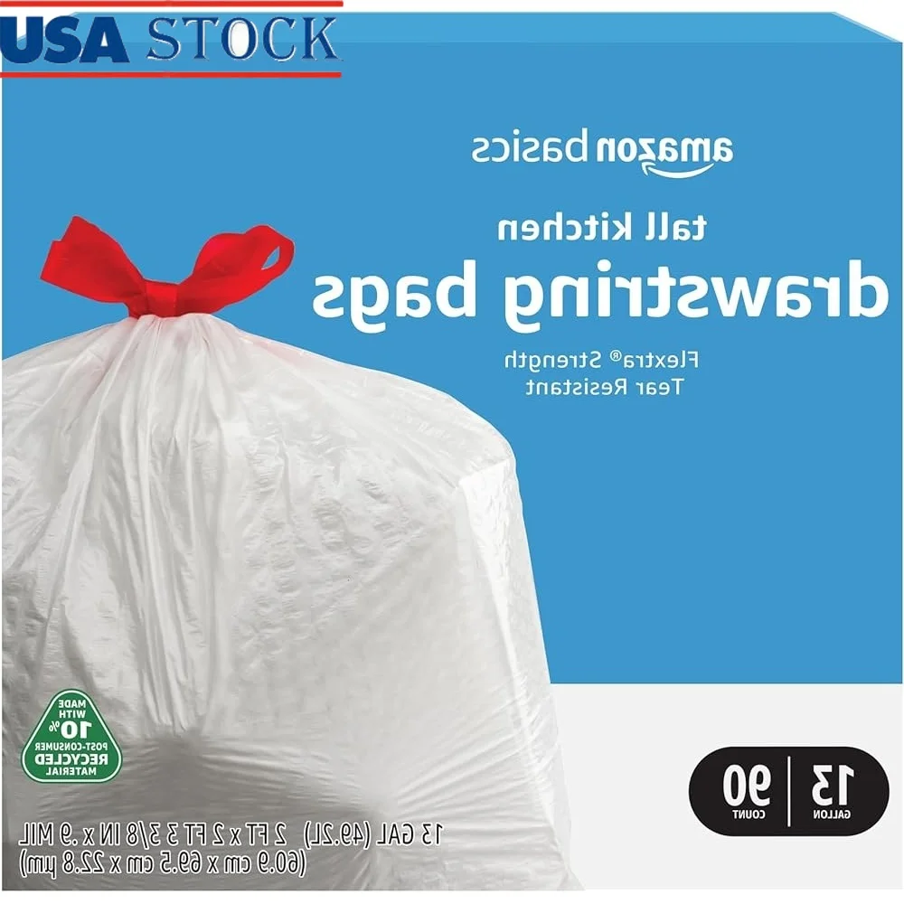 

Устойчивые к разрыву высокие кухонные мешки для мусора на шнурке, 13 галлонов, Flextra Strength, 90 шт., без запаха, 10% переработанный материал, прочный