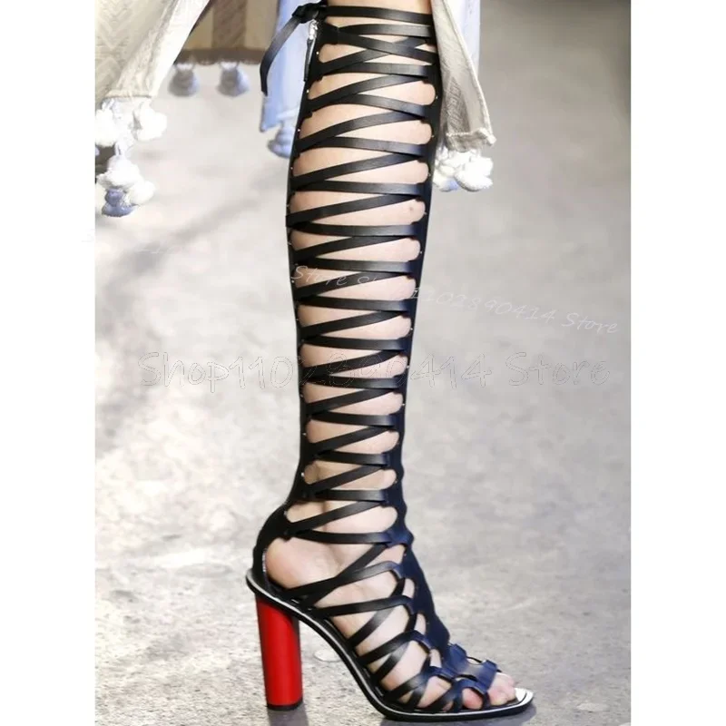 

Blue White Hollow Design Open Toe Sandals Boots Back Zipper Women Shoes Chunky High Heels Fashion Party 2026 Zapatos Para Mujere