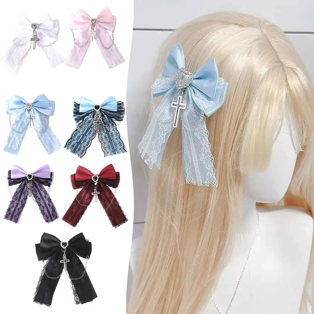 Harajuku Y2K الألم Ita حقيبة الديكور القوس مقاطع دبابيس الشعر فتاة لوليتا القوس الدانتيل ذيل حصان مشبك شعر القوطية الصليب إكسسوارات الشعر