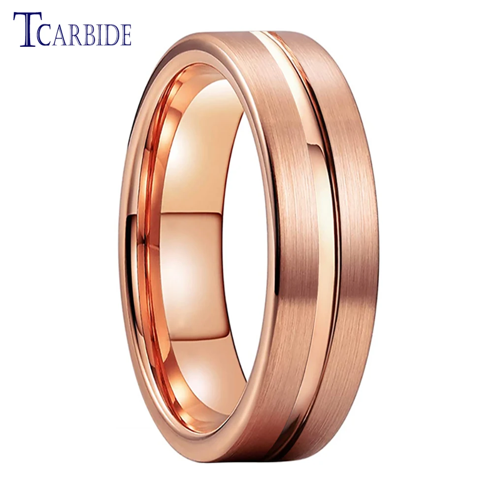 6MM Men Women Ring Tungsten Wedding Band Rose Gold Color With Brushed And Center Groove Finish Comfort Fit