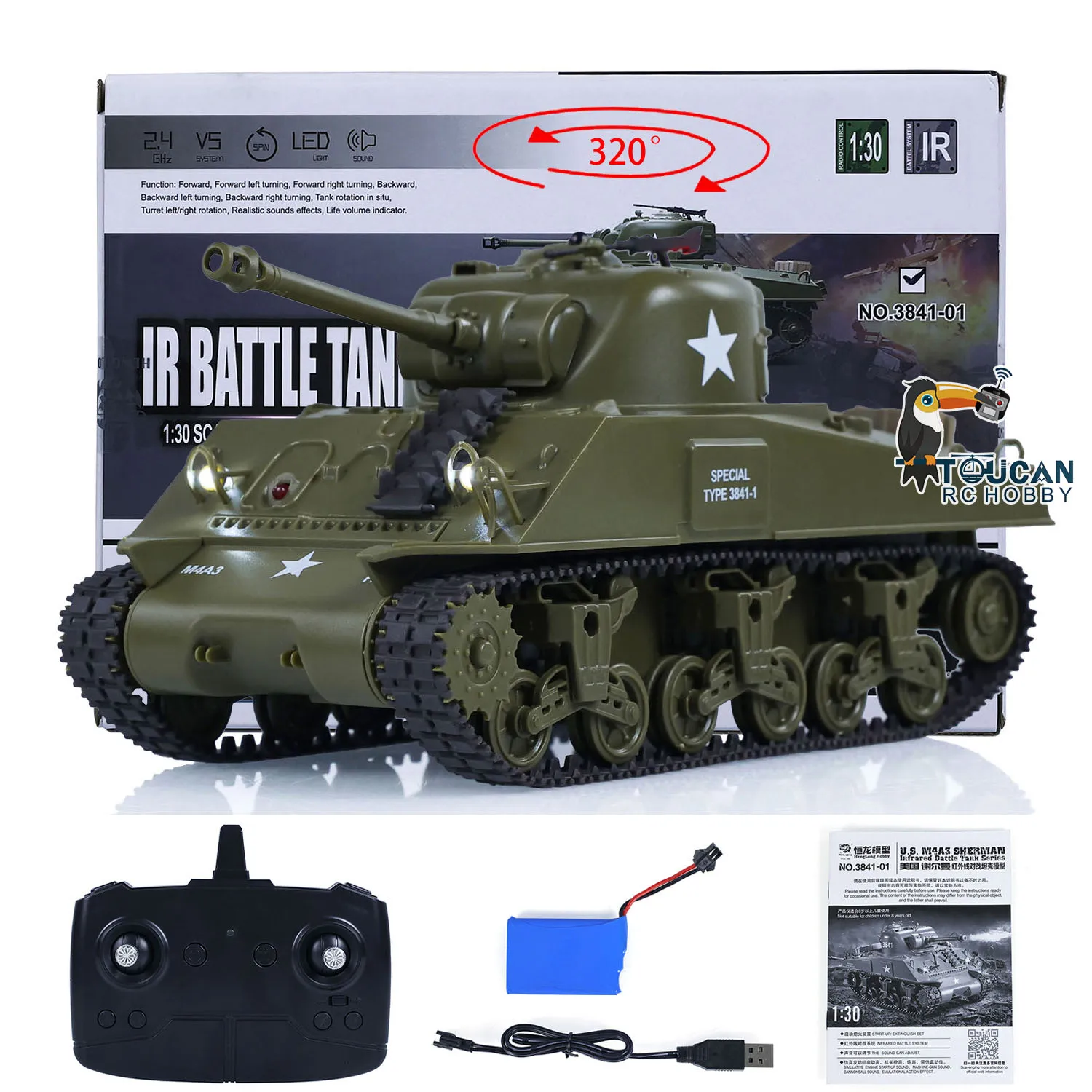 Infrared Combating 1/30 Heng Long RC Battle Tank Sherman M4A3 3841-01 2.4G Remote Control Plastic Vehicle Toy Gift TH23393