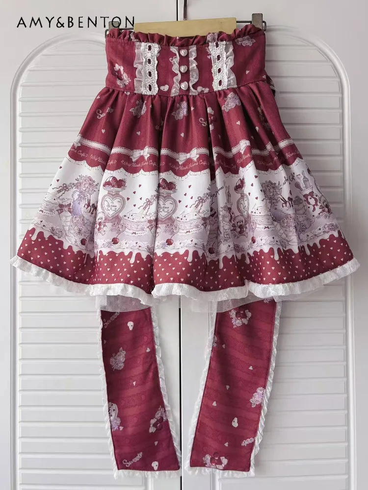 

Japanese Style Liz Lolita New Bow Lace Edge Cartoon Print Mini Skirt Women Sweet Cute Red Polka Dot High Waist Slim A-line Skirt