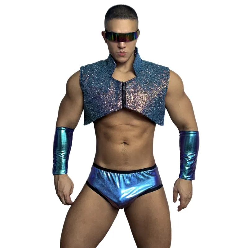 Ropa de escenario Sexy para hombre, Chaleco Corto brillante, traje de baile de rendimiento, Club nocturno, Bar, DJ, carnaval, fiesta, espectáculo, Rave