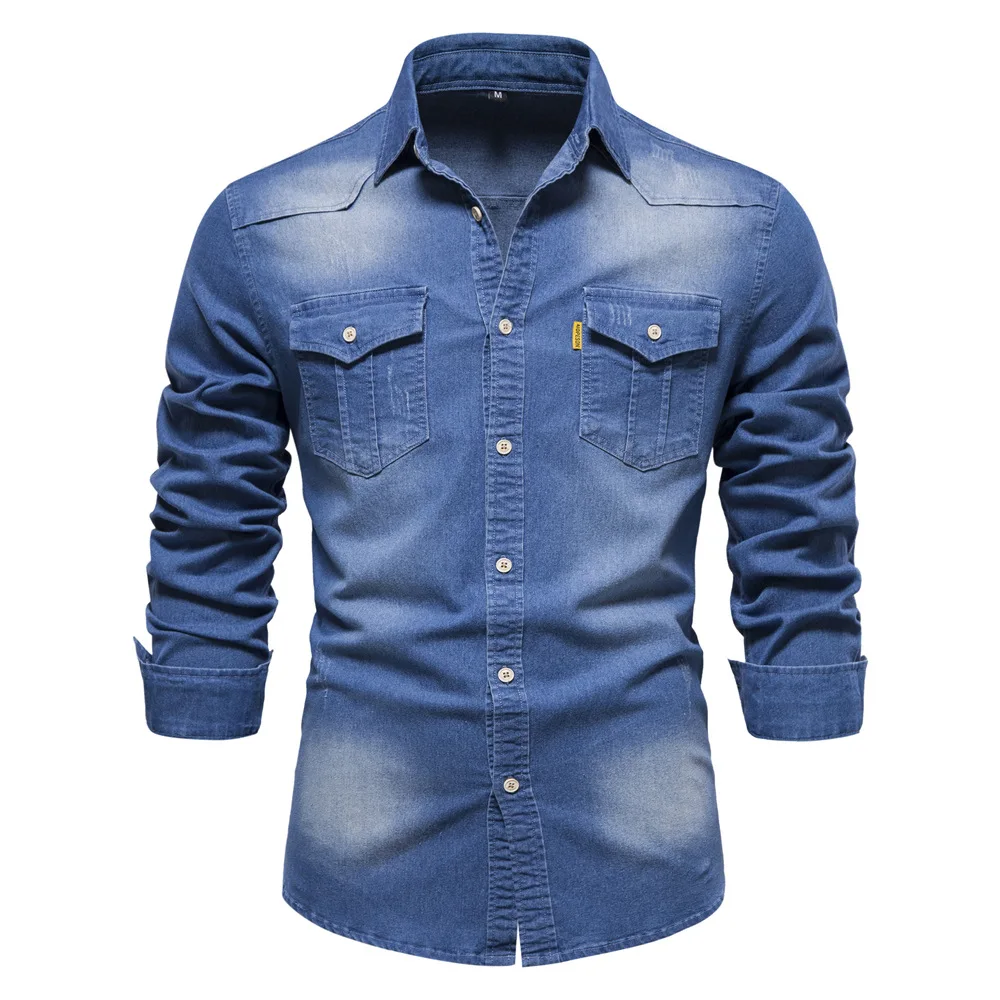 Camisa de mezclilla de algodón elástico para hombre, camisas de vaquero de manga larga de calidad, ropa informal ajustada de diseñador