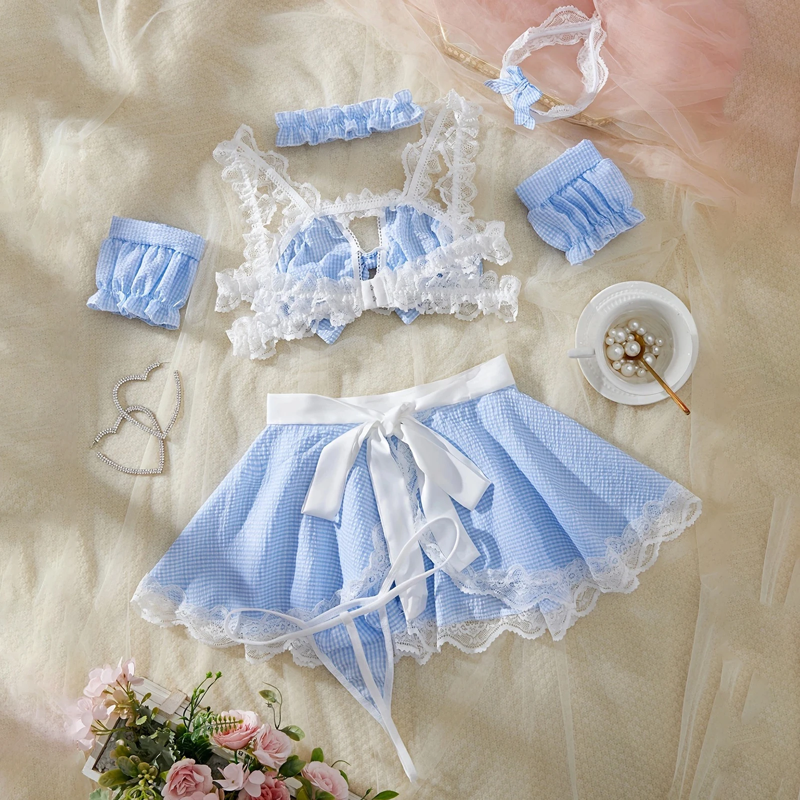 Conjunto de lencería de sirvienta Sexy Lolita para mujer, sin mangas, con estampado de cuadros, lazo y falda, delantal, ropa de dormir exótica