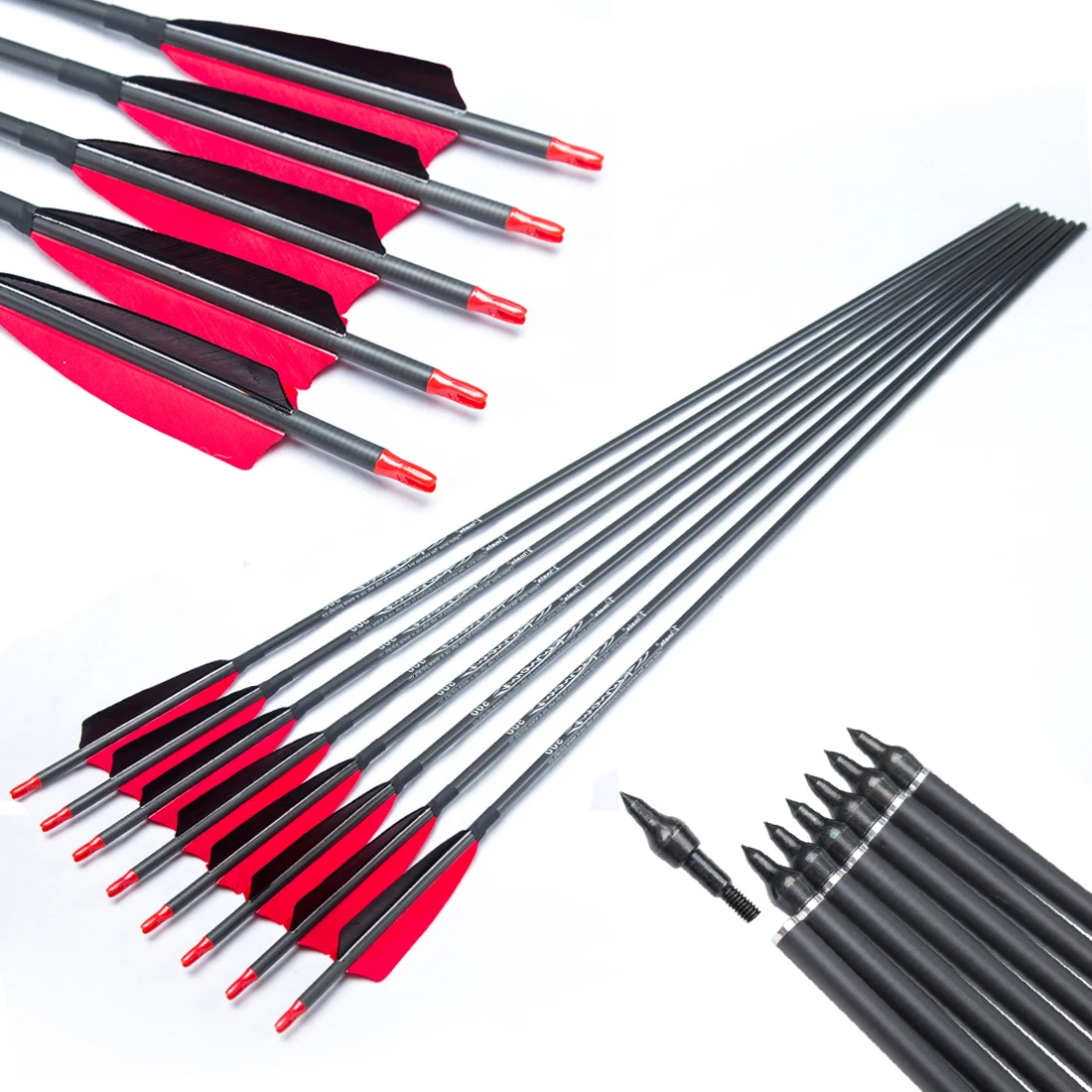 

Archery Practice Pure Carbon Arrows Pinals 12 Pcs ID6.2mm 4 Inch Turkey Feather Bow Of Shooting Hunting 300-800 Spine 30 32In