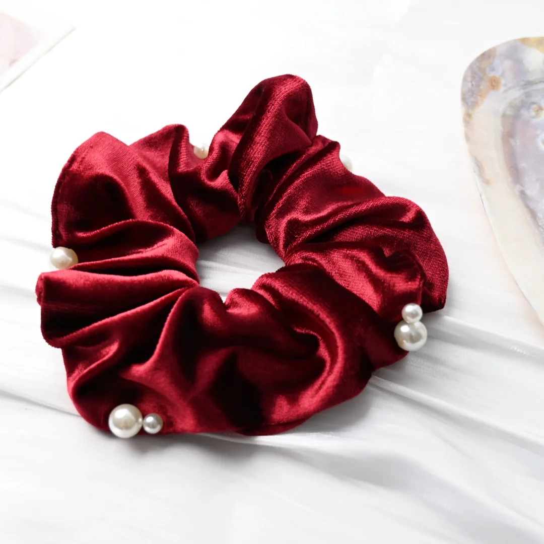 ربطات شعر مخملية سوداء للفتيات والنساء ربطات شعر مع إكسسوارات شعر من اللؤلؤ الاصطناعي أغطية رأس عصرية كورية #2