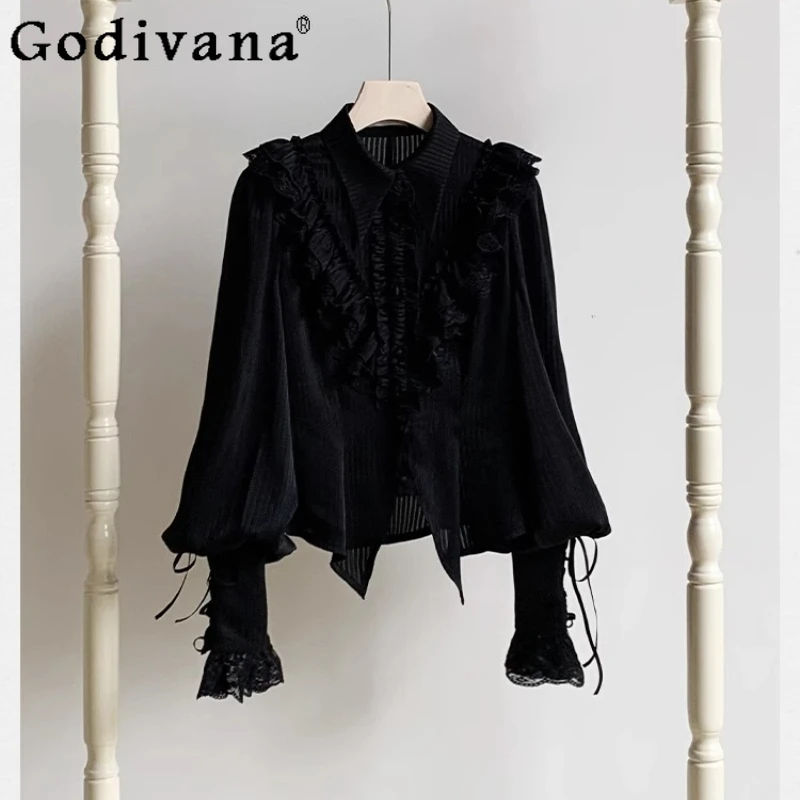 

Summer Lolita Lantern Sleeve Light Slightly Icy Irregular Ruffles Bottoming Shirt Sweet Girl Long Sleeve Turn-down Collar Top