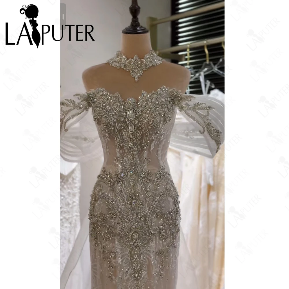 Luxury Crystal Stones Bridal Wedding Dresses Mermaid Sweetheart Neck Organza Long Cape Prom Dress Illusion Nude Bride Party Gown