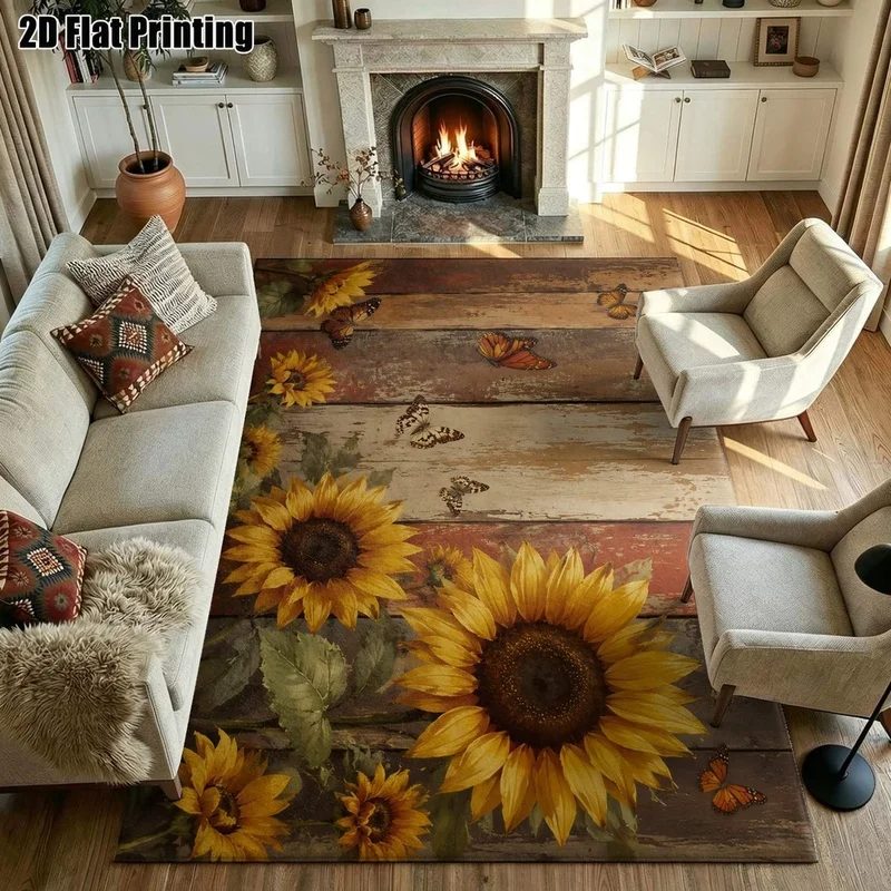 1Pc American Vintage Sunflower Butterfly Pattern Rug, Machine Washable, Cozy Home, Vintage Pastoral Style Universal, Applicable to Living Room, Bedroom, Entryway, Office, Balcony and Other Areas