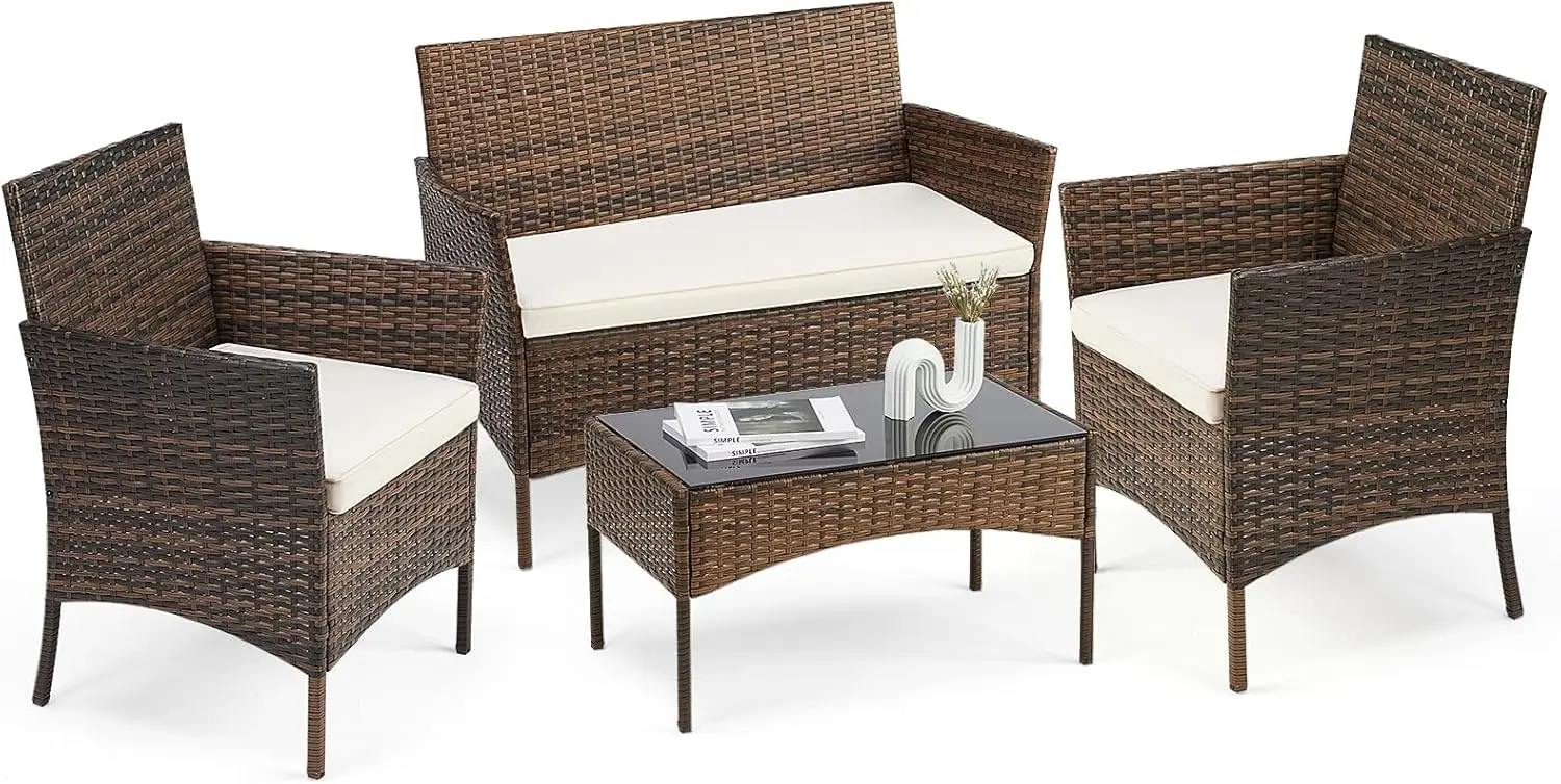 Sweetcrispy Patio Furniture Set 4 Pieces, Outdoor Furniture with Soft Cushion and Glass Table, All Weather Manual Weaving Wicker