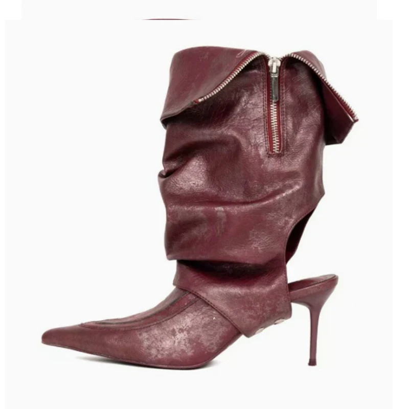 

Burgundy Pointed Toe Zipper Slingback Stiletto Ankle Boots Woman Spring and Autumn 2026 Slouchy Fashion Cutout Party Booties
