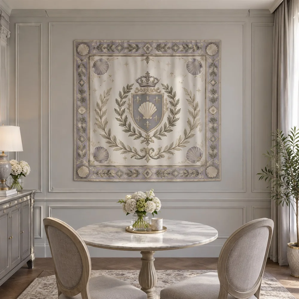 VIKAMA Geometric Crest Motif Border Frame Tapestry Wall Hanging, Neoclassical Wall Decor Tapestries for Kitchen Dining Room