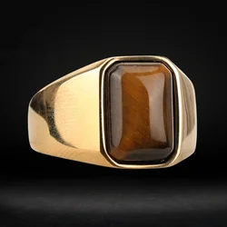 Genuine Tiger Eye Square Stone Mens Wedding Ring Gold Color 316L Stainless Steel Jewelry Rings for Women Gift 2023