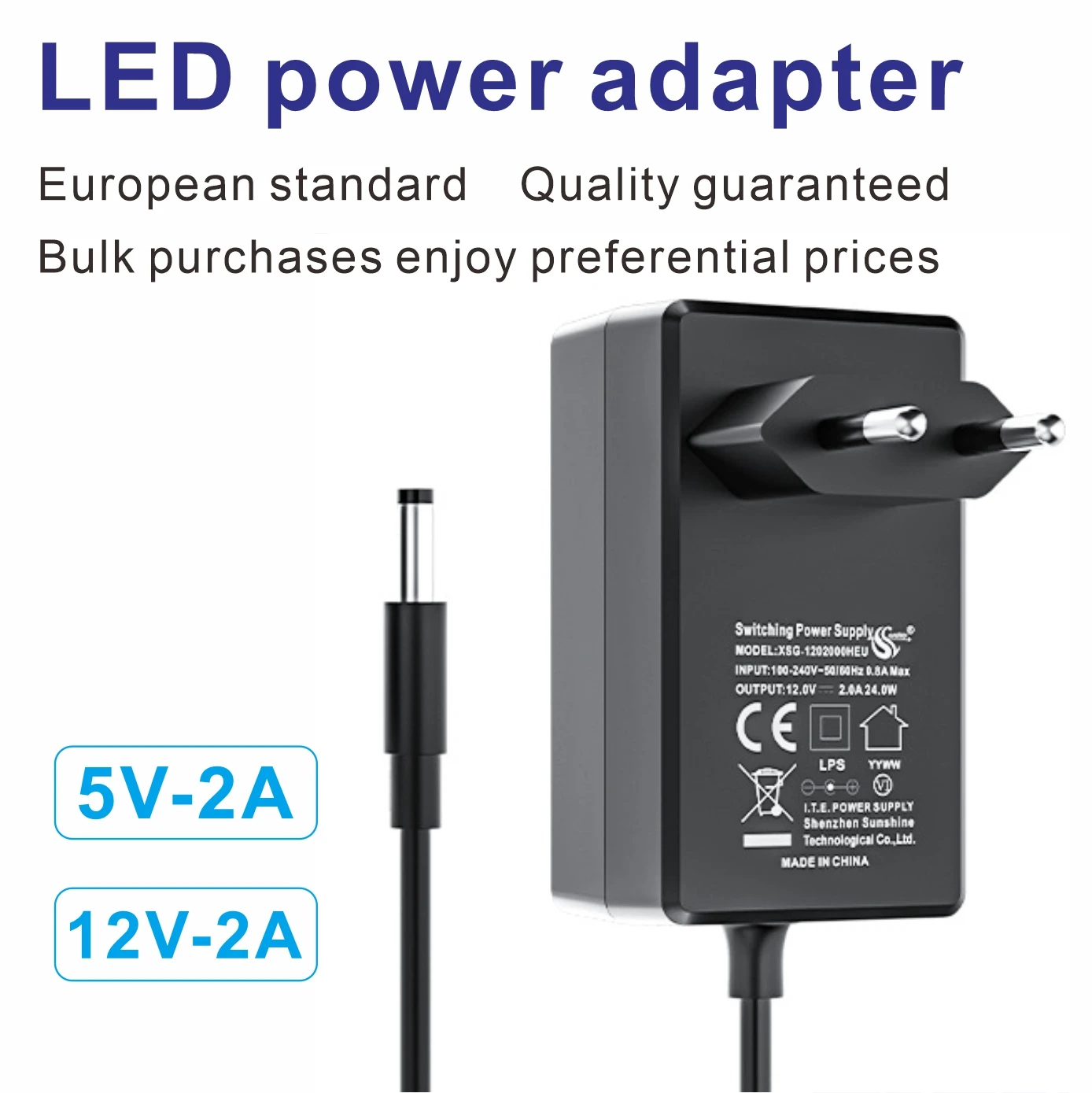 Power Supply for RGB LED Light Strips: DC5V/12V/24V 2A Adapter for LED Light Strips, COB Light Strips - Simple Power Supply