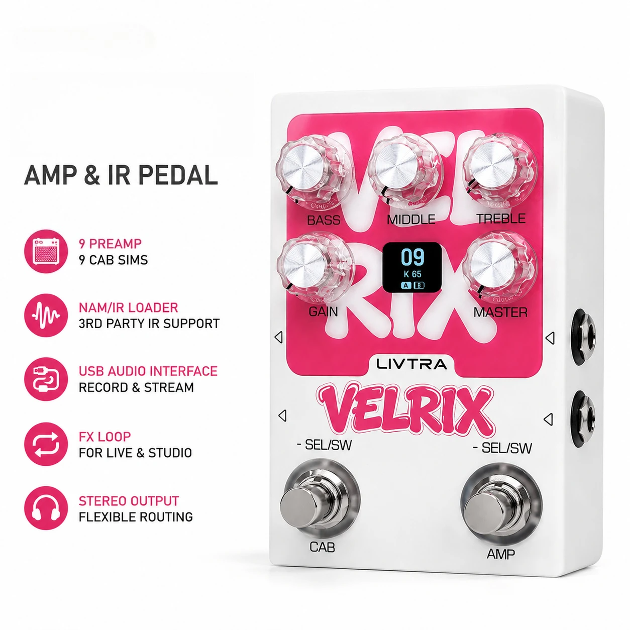 Amp IR Pedal, 9 Preamp+9 Cabinet Sims, NAM/IR Loader, USB Audio Interface, FX Loop for Live Band & Studio