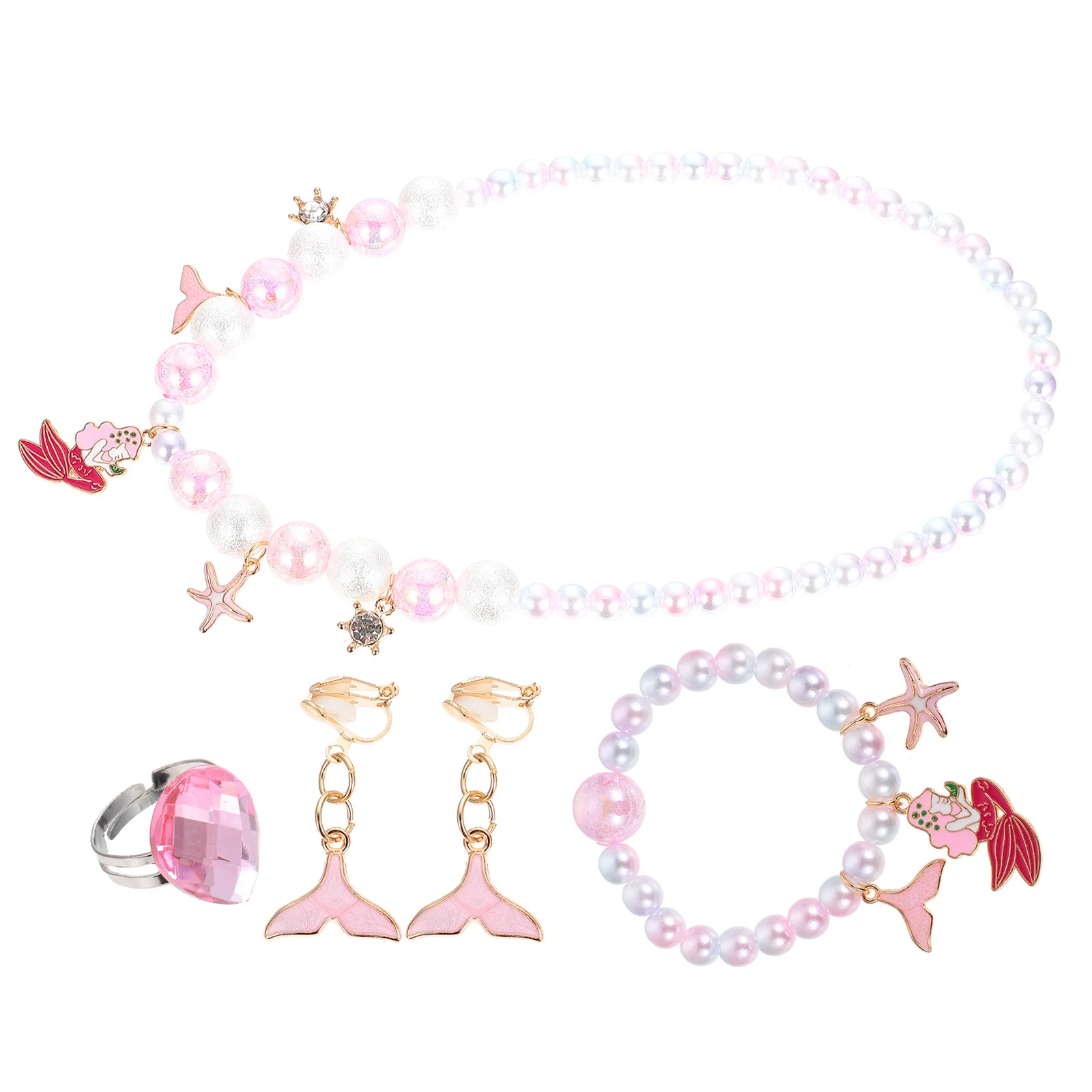 4Pcs Kids Mermaid Themed Beaded Jewelry Necklace Bracelet Ring Dangler Colorful Beads Wrist Decor Accessories Kids Wrist Decor