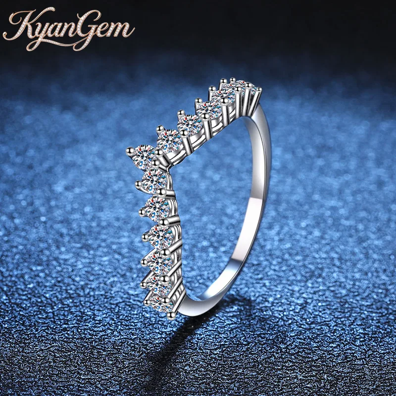 KyanGem 18K Gold Inlaid Diamond Ring, D-color Moissanite V-shaped 0.78 Carat 18K Platinum Ring, Fashionable Wedding Band