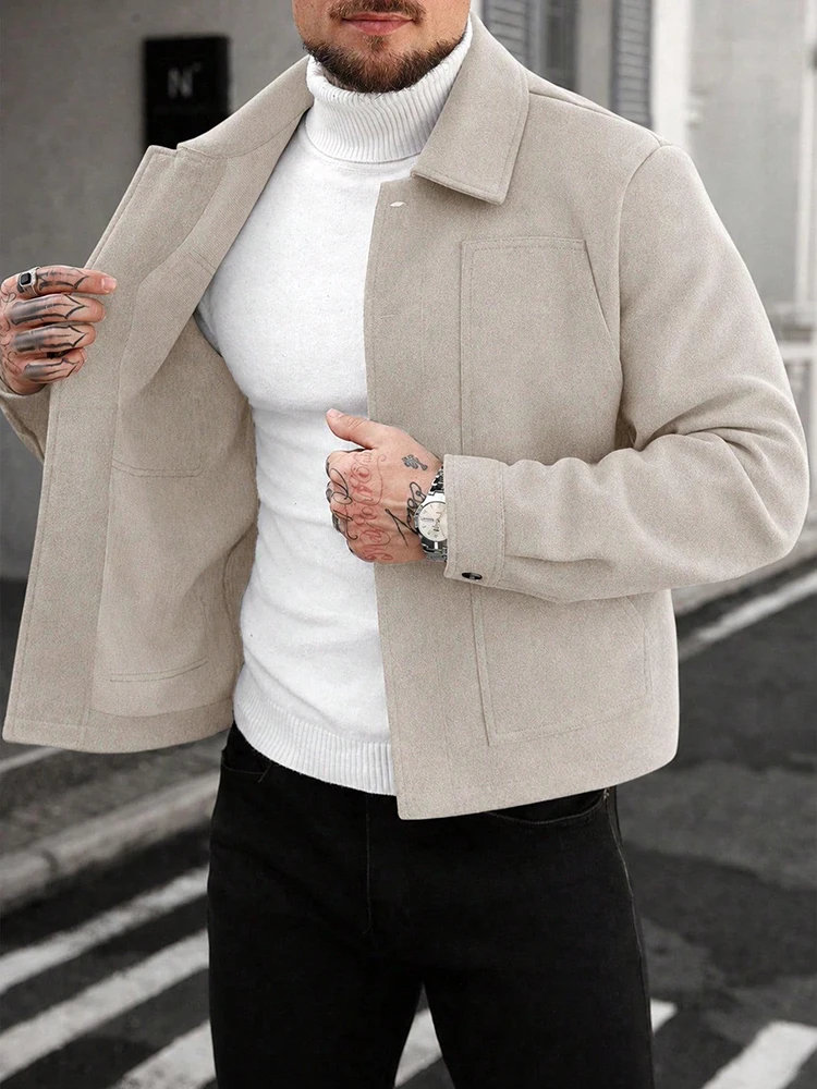 Vintage Turn-down Collar Woolen Jacket Coats Men Stylish Solid Color Slim Outerwear Mens Fall Winter Casual Button-up Jackets