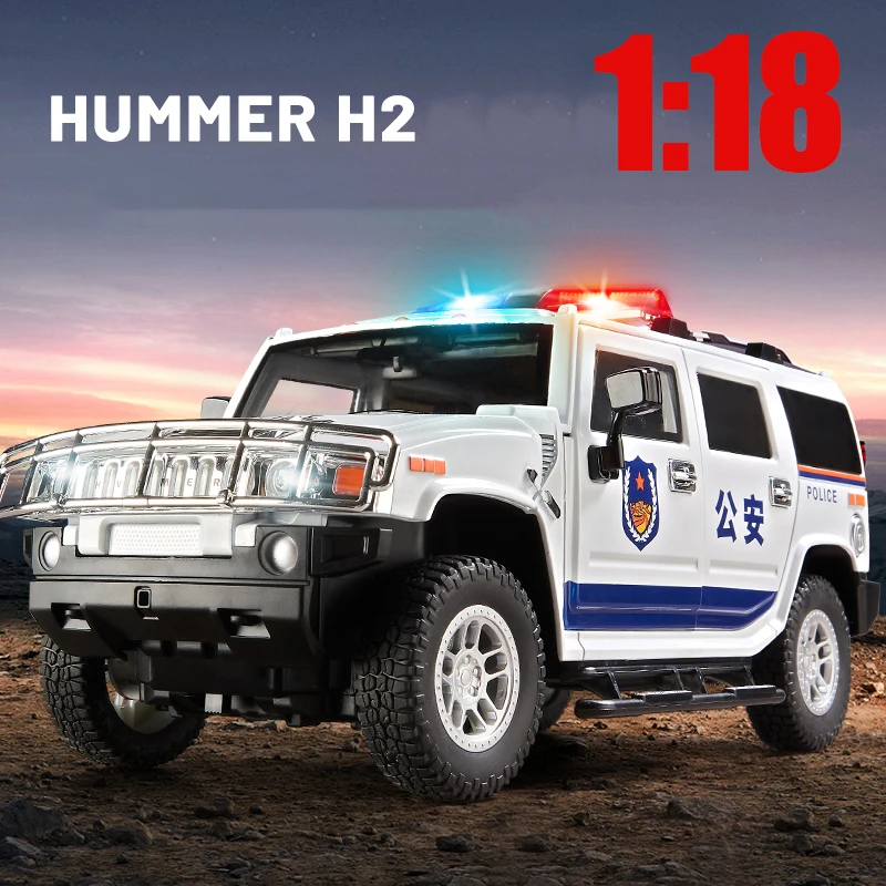 Hum H2mer-Grand modèle SUV de police hors route en alliage moulé sous pression, jouets en métal, haute simulation, son et lumière, nervure arrière, cadeaux pour enfants, renforcement, 1:18