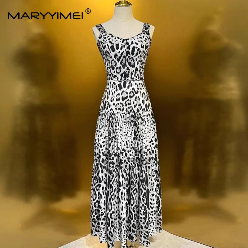 

Seifrmann Fashion design Women's Suit Spaghetti Strap Slim Short Tops+Big Swing Long Skirt Leopard print Cotton 2-piece set