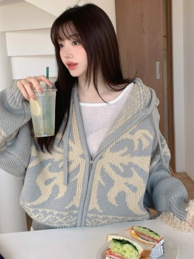 

Chic Knitted Hooded Open Cardigan Women's Loose Lazy Sle Geometric Totem Embroidery oulder Drop Sweater Coat Korean Sle