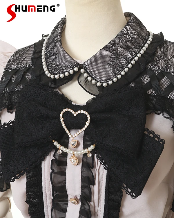 

Japanese Mines Style Lolita Blouse Pearl Doll Collar Off-Shoulder Puff Sleeve Big Bow Single-Breasted Cute Sweet Shirt Top Women