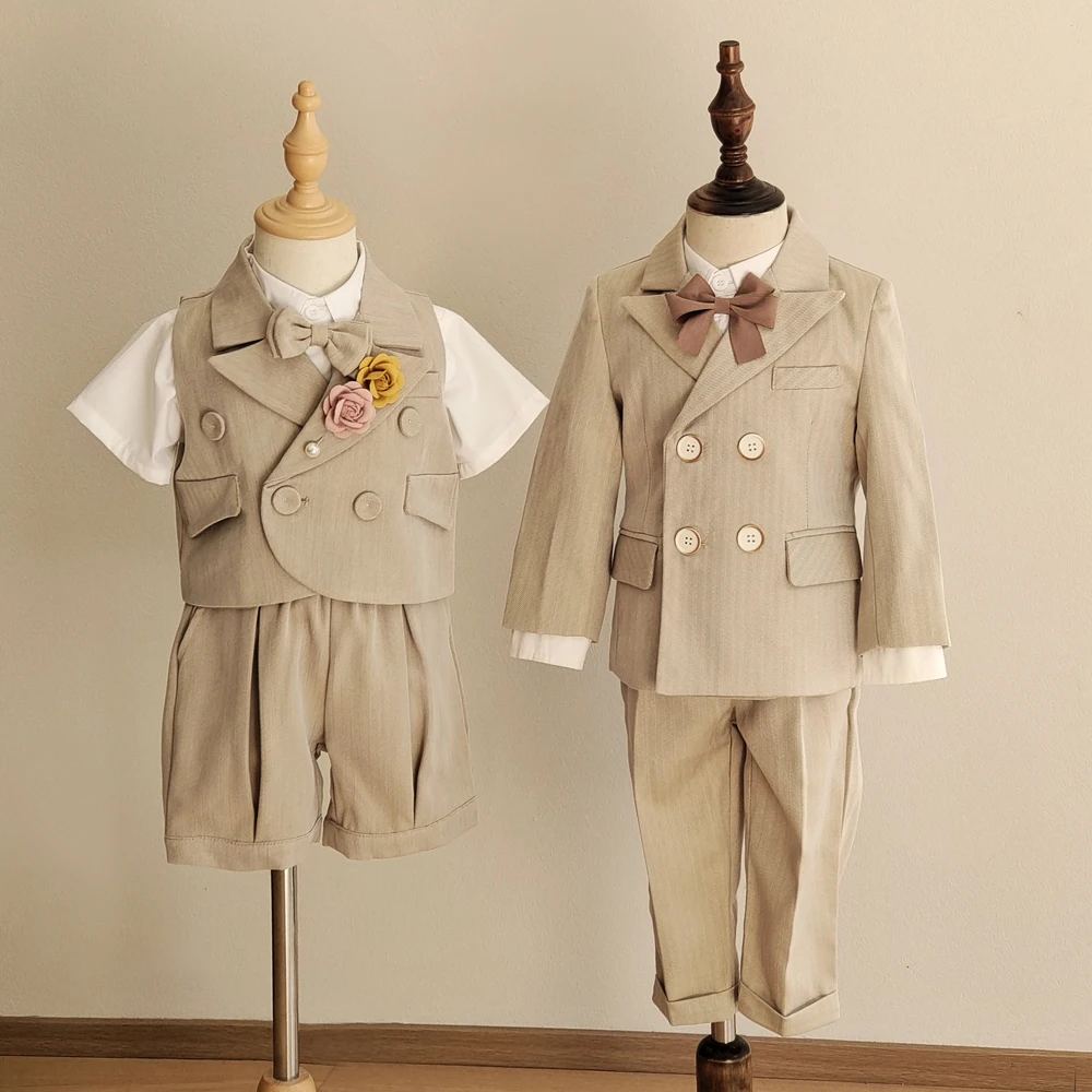 Boy's Formal Suit 4 pieces Set Including Blazer Vest Pants Bow-tie And Vest Set Kids Suits Dress Wedding Khaki striped Clothes