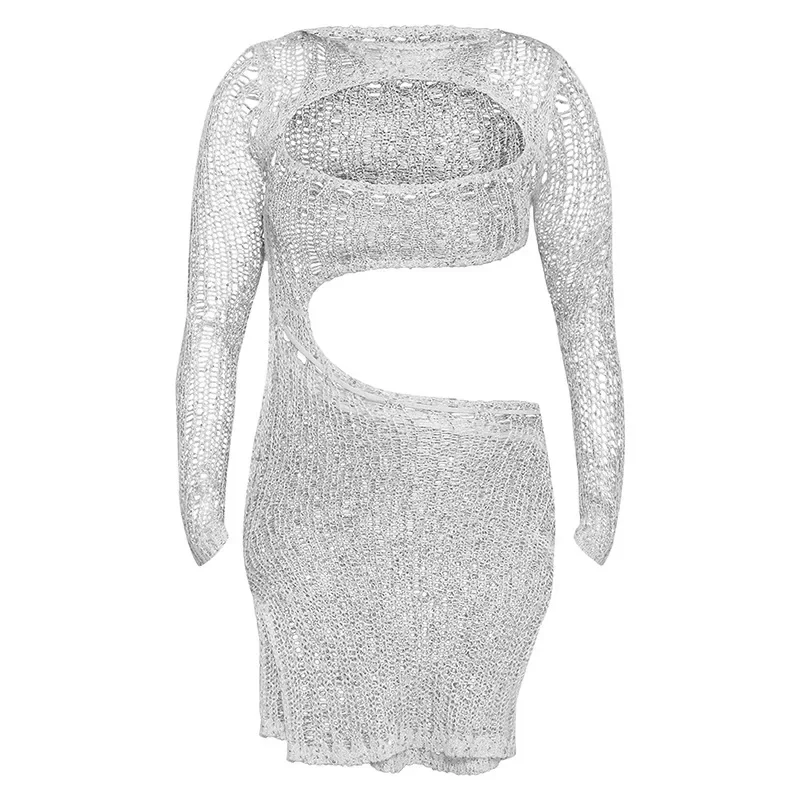 Robe de plage à paillettes, tricotée, manches longues, ajourée, Cover-Up pour les maillots de bain, Sexy, tenues de plage pour femmes, été, 2025