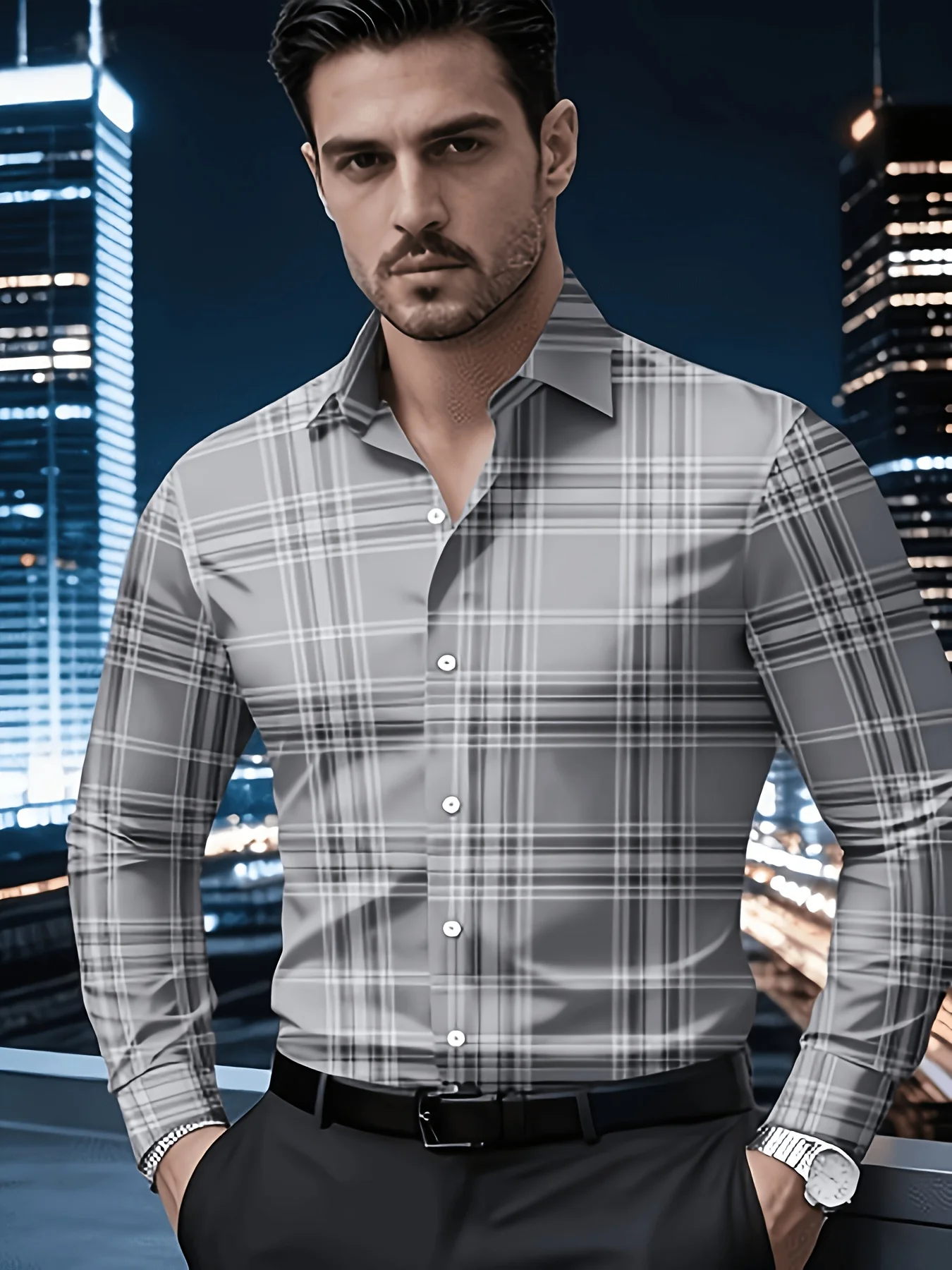Men's Shirt Gray Plaid Tartan Check Print Long Sleeve Button Down Top Casual Business Daily Mens Clothing