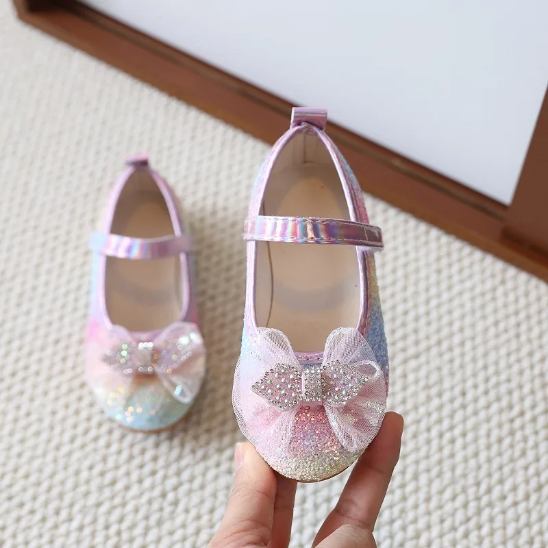 Girls Princess Flat Shoes Gradient Glitter Bow Kids Dress Leather Shoes Party Non-slip Children Sequins Ballet Mary Jane Shoes
