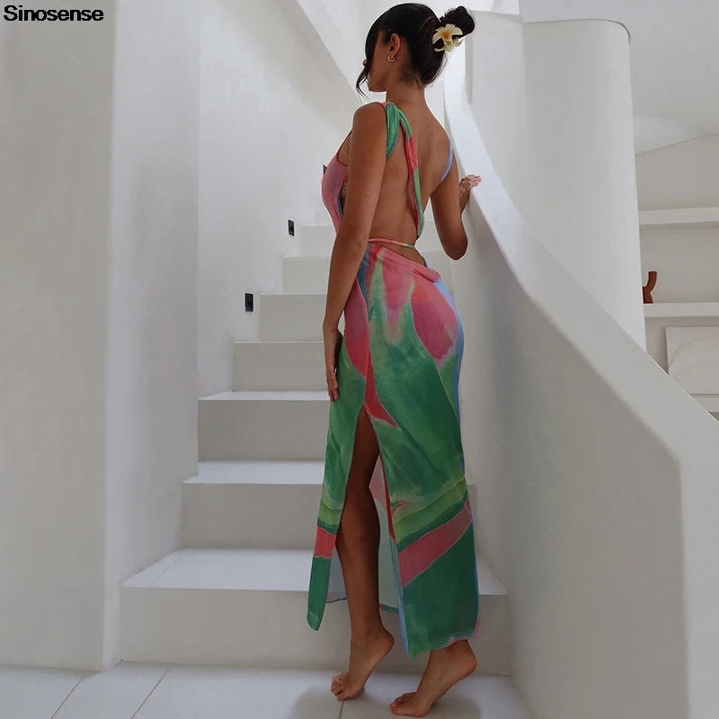 Women's Summer Bodycon Tie Dye Dress Sleeveless Crew Neck Backless Side Slit Slim Fit Going Out Date Night Club Party Maxi Dress