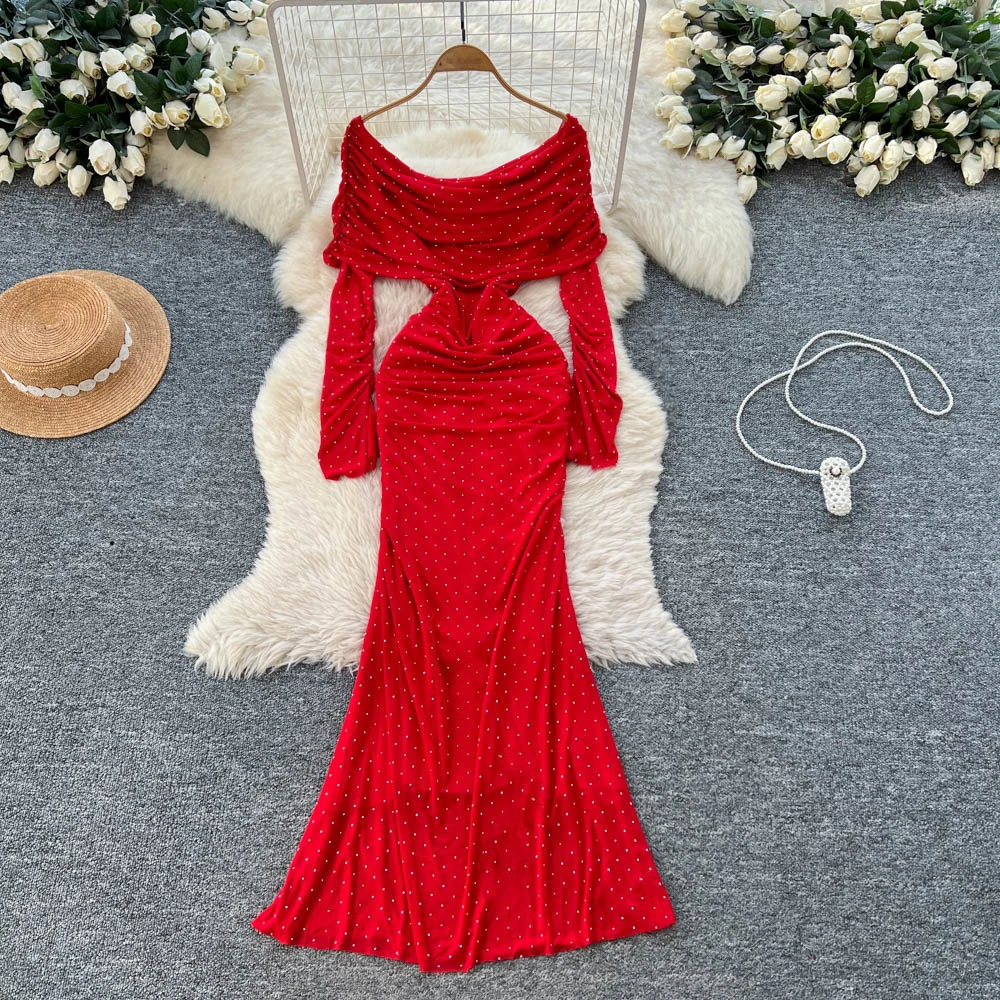 Vestido lápiz Retro elegante con cuello oblicuo y volantes, manga larga, cintura alta, ropa de mujer, vestidos de ceremonia