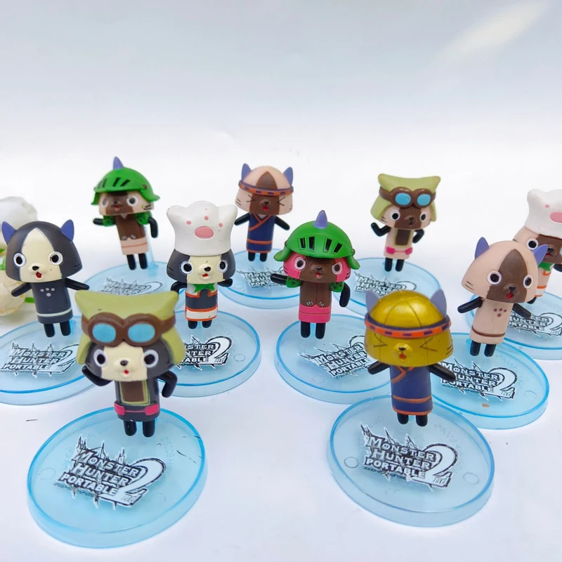 10Pcs Conjunto Completo PVC Monster Hunter 2 Airu Cat Figura Anime com Estatueta Base Rare Limited Collection Modelo Toy Presente para Crianças