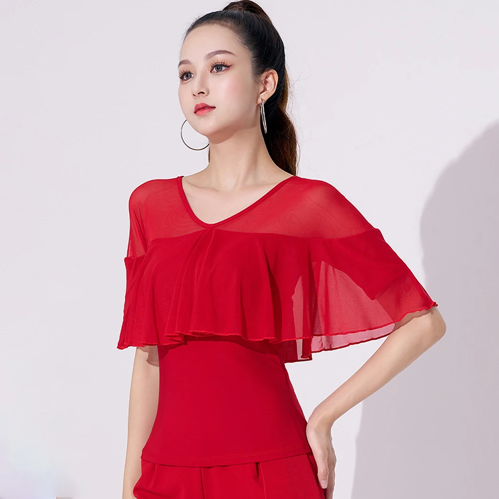 

Women's Long-sleeved Practice Clothes New Arrival Printed Ink Red Short-sleeved Samba Ruffled Latin Dance Shirt