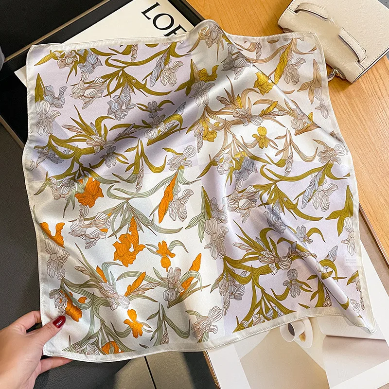 70X70cm New Beige Narcissus Silk Scarf Fashion Small Square Scarf Women's Thin Simulated Apparel Accessories Silk Scarves