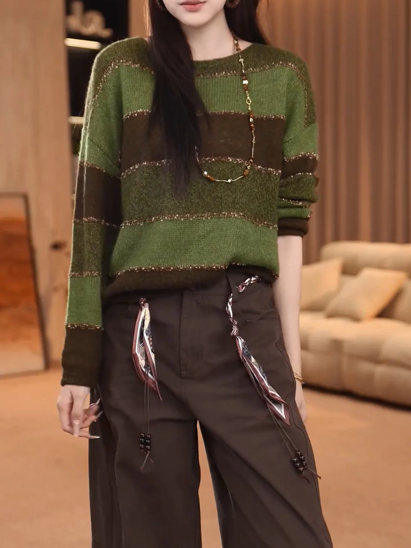 

Striped Lazy Sle Loose Knitted Sweater Color Blo Commute Faionable Top Women's Premium Overhead Long Sve Crew Ne