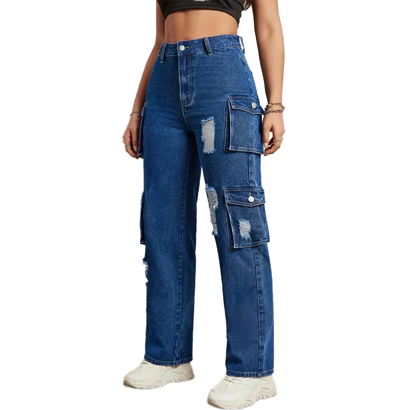 American Retro Punk Style Jeans New Versatile No Waist Pocket Work Style Fashion Denim Wide-leg Pants Female Baggy Jeans Pants