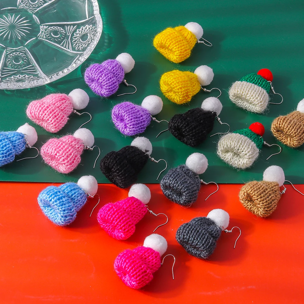 جديد اليدوية محبوك قبعة عيد الميلاد أقراط للنساء فتاة سانتا قبعة إسقاط أقراط السنة الجديدة هدايا مجوهرات الحفلات